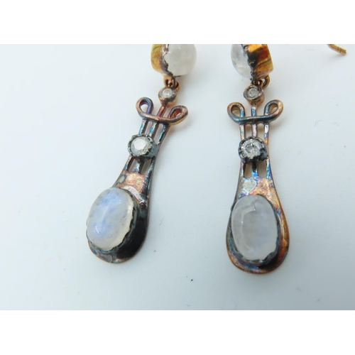 719 - Pair of Diamond and Moonstone Set Earrings Drop Form Unusual Modernist Design