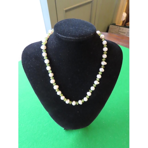 724 - Peridot and Cultured Pearl Necklace with Alternating Polished Bouton Peridots and 8mm Freshwater Pea... 