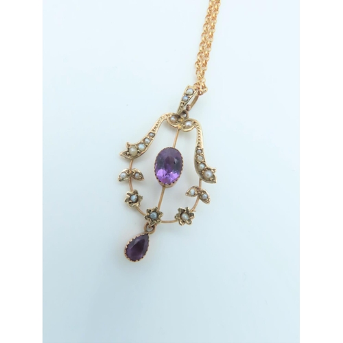 725 - Amethyst and Seed Pearl 9 Carat Gold Pendant Necklace on Yellow Gold 9 Carat Chain