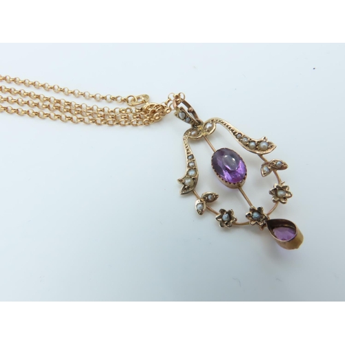 725 - Amethyst and Seed Pearl 9 Carat Gold Pendant Necklace on Yellow Gold 9 Carat Chain