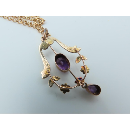 725 - Amethyst and Seed Pearl 9 Carat Gold Pendant Necklace on Yellow Gold 9 Carat Chain