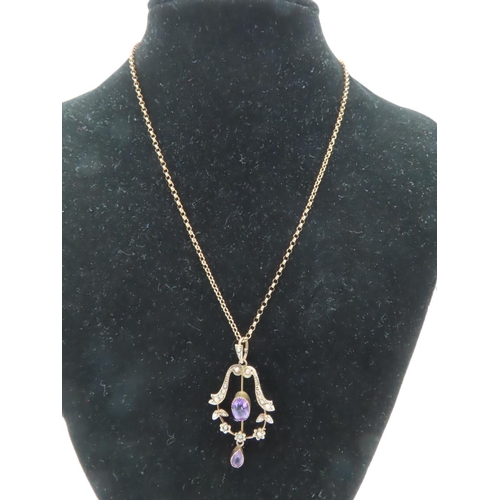 725 - Amethyst and Seed Pearl 9 Carat Gold Pendant Necklace on Yellow Gold 9 Carat Chain