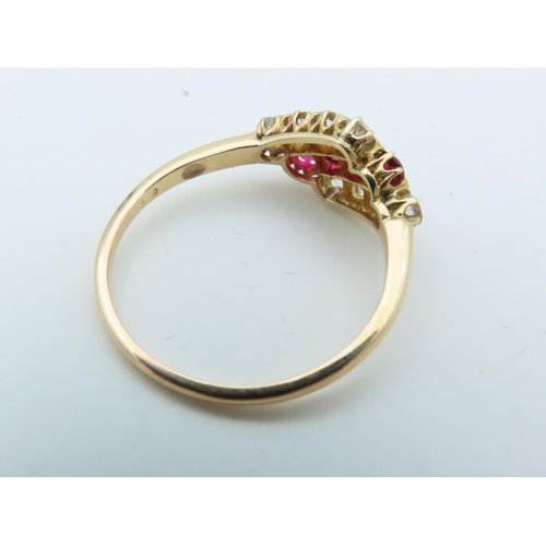 727 - Ruby and Diamond Ladies Ring Gentle Diagonal Line of Four Round Cut Rubies between Similar Lines of ... 