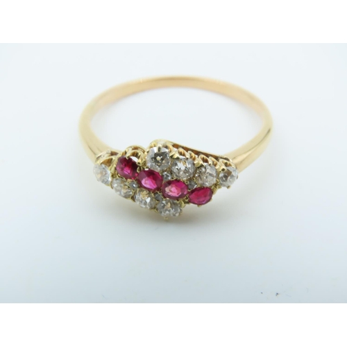 727 - Ruby and Diamond Ladies Ring Gentle Diagonal Line of Four Round Cut Rubies between Similar Lines of ... 