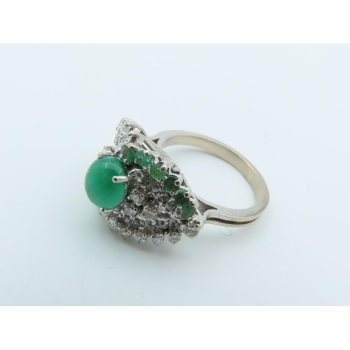 729 - Emerald and Diamond Ladies Cluster Ring with Central Oval Cabochon Emerald with Trio of Single Cut D... 