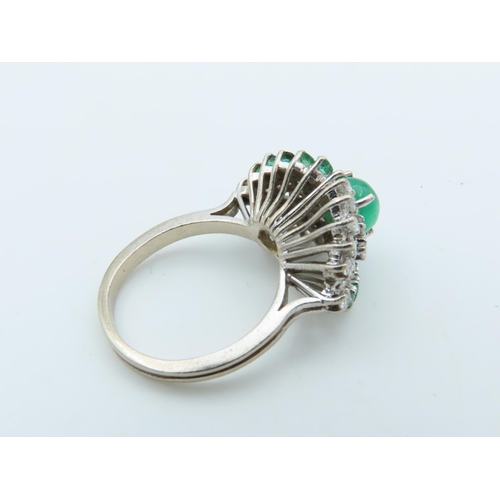 729 - Emerald and Diamond Ladies Cluster Ring with Central Oval Cabochon Emerald with Trio of Single Cut D... 