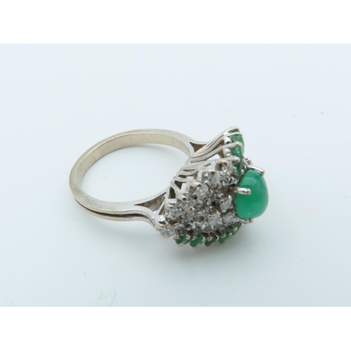 729 - Emerald and Diamond Ladies Cluster Ring with Central Oval Cabochon Emerald with Trio of Single Cut D... 