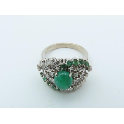 729 - Emerald and Diamond Ladies Cluster Ring with Central Oval Cabochon Emerald with Trio of Single Cut D... 