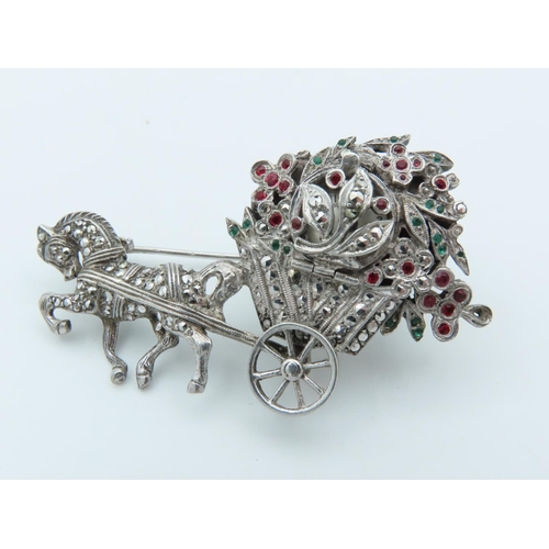 730 - Bucherer Ladies Brooch with Hidden Time Piece Designed as Horse Drawn Carriage with Flowers