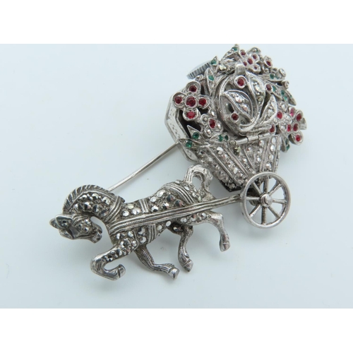 730 - Bucherer Ladies Brooch with Hidden Time Piece Designed as Horse Drawn Carriage with Flowers