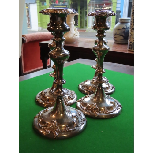 734 - Set of Four Silver Plated Candle Sticks Antique Each Decorated with Applied Foliate and Scroll Decor... 