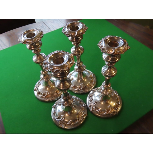 734 - Set of Four Silver Plated Candle Sticks Antique Each Decorated with Applied Foliate and Scroll Decor... 