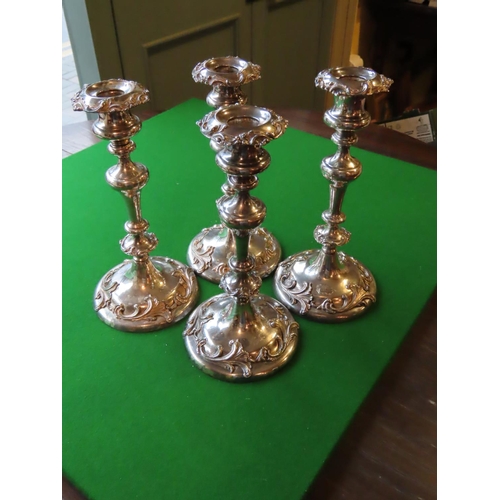 734 - Set of Four Silver Plated Candle Sticks Antique Each Decorated with Applied Foliate and Scroll Decor... 