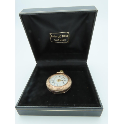 741 - Cuvier Ladies Pocket Watch 9 Carat Gold Case Gilt Decorated White Enamel Dial with Roman Numerals