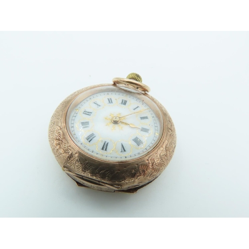 741 - Cuvier Ladies Pocket Watch 9 Carat Gold Case Gilt Decorated White Enamel Dial with Roman Numerals