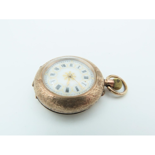 741 - Cuvier Ladies Pocket Watch 9 Carat Gold Case Gilt Decorated White Enamel Dial with Roman Numerals