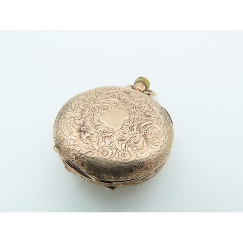 741 - Cuvier Ladies Pocket Watch 9 Carat Gold Case Gilt Decorated White Enamel Dial with Roman Numerals