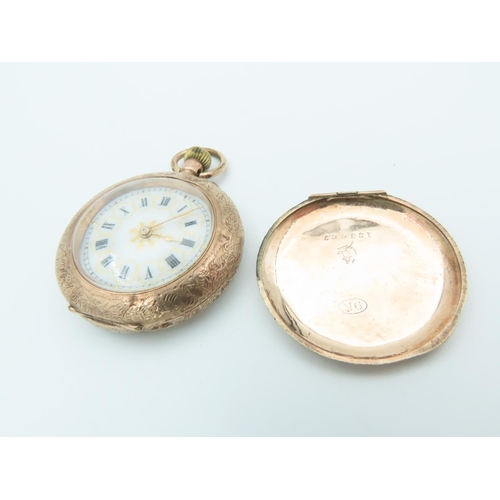 741 - Cuvier Ladies Pocket Watch 9 Carat Gold Case Gilt Decorated White Enamel Dial with Roman Numerals