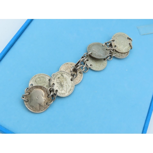 759 - Solid Silver Three Pence Coin Bracelet Mounted on Silver