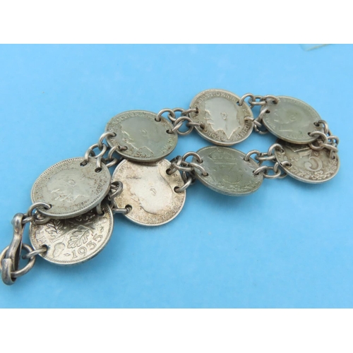 759 - Solid Silver Three Pence Coin Bracelet Mounted on Silver