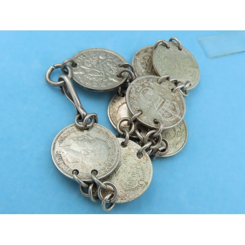 759 - Solid Silver Three Pence Coin Bracelet Mounted on Silver