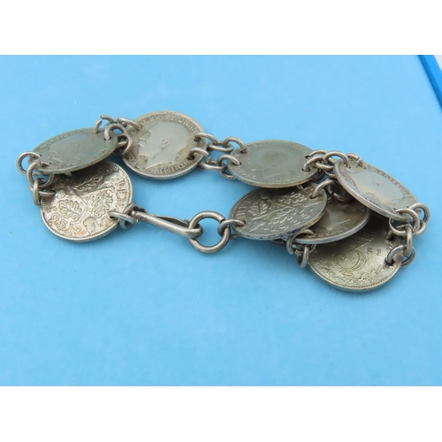 759 - Solid Silver Three Pence Coin Bracelet Mounted on Silver