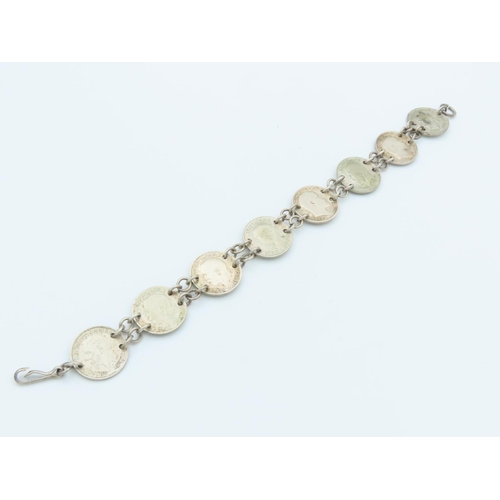 759 - Solid Silver Three Pence Coin Bracelet Mounted on Silver