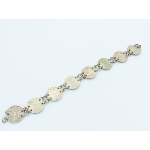 759 - Solid Silver Three Pence Coin Bracelet Mounted on Silver