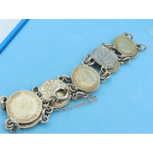 760 - Solid Silver Three Pence Coin Bracelet Mounted on Silver