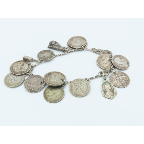 761 - Solid Silver Three Pence Coin Bracelet Mounted on Silver