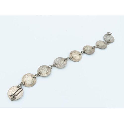 761 - Solid Silver Three Pence Coin Bracelet Mounted on Silver