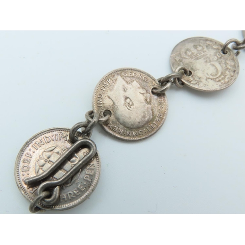 761 - Solid Silver Three Pence Coin Bracelet Mounted on Silver