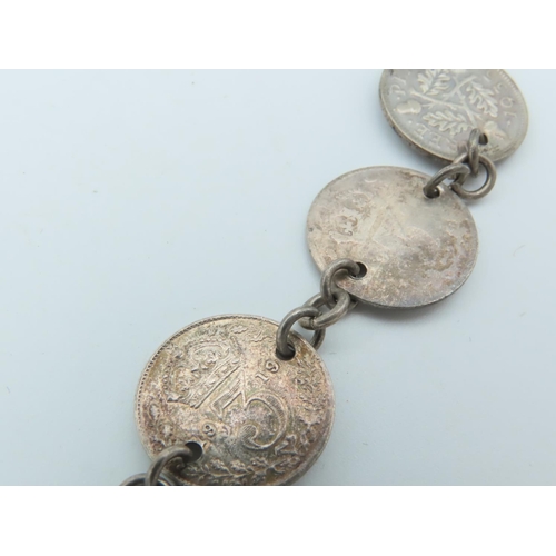 761 - Solid Silver Three Pence Coin Bracelet Mounted on Silver