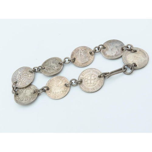 761 - Solid Silver Three Pence Coin Bracelet Mounted on Silver