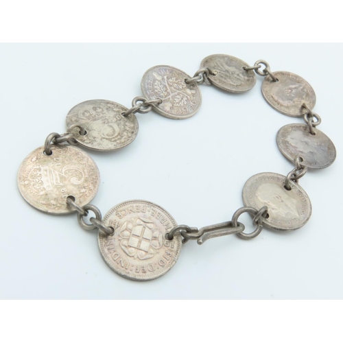 761 - Solid Silver Three Pence Coin Bracelet Mounted on Silver