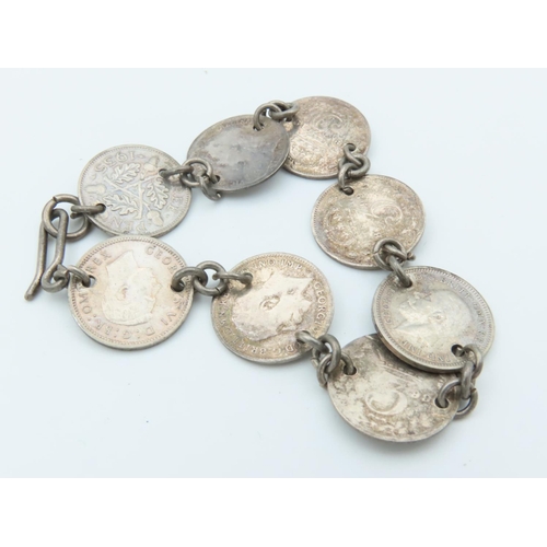 761 - Solid Silver Three Pence Coin Bracelet Mounted on Silver