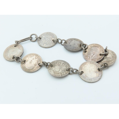 761 - Solid Silver Three Pence Coin Bracelet Mounted on Silver