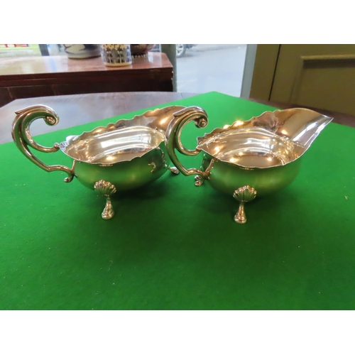 763 - Solid Silver Sauce Boats with Double C Handles Resting on Three Shell Capped Shaped Supports Hallmar... 