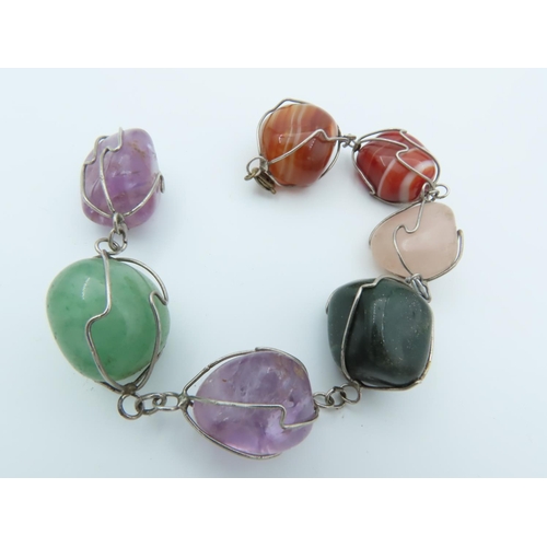 776 - Unusual Vintage Agate Cut Stone Silver Mounted Ladies Brooch Vintage