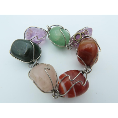 776 - Unusual Vintage Agate Cut Stone Silver Mounted Ladies Brooch Vintage