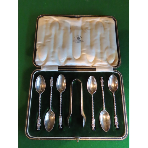 799 - Solid Silver Set of Apostle Motif Teaspoons with Matching Sugar Tongs within Original Presentation C... 