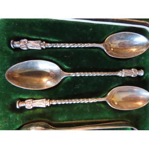 799 - Solid Silver Set of Apostle Motif Teaspoons with Matching Sugar Tongs within Original Presentation C... 