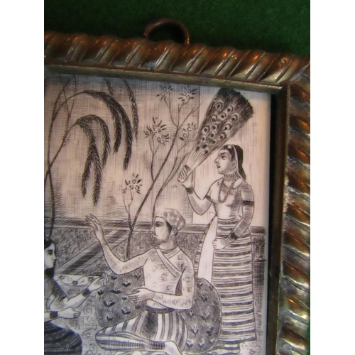 80 - Antique Indian Drawing on Ivory contained within Frame Approximately 3 Inches High Finely Detailed D... 