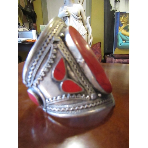 800 - Coral Set Ladies Silver Bangle Possibly Persian Approximately 9cm Wide