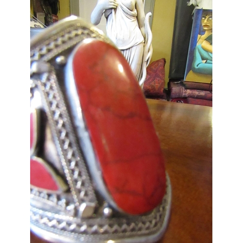 800 - Coral Set Ladies Silver Bangle Possibly Persian Approximately 9cm Wide