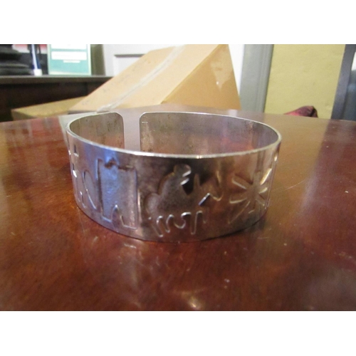 818 - Irish Solid Silver Ladies Cuff Bangle with Various Motifs to Frieze