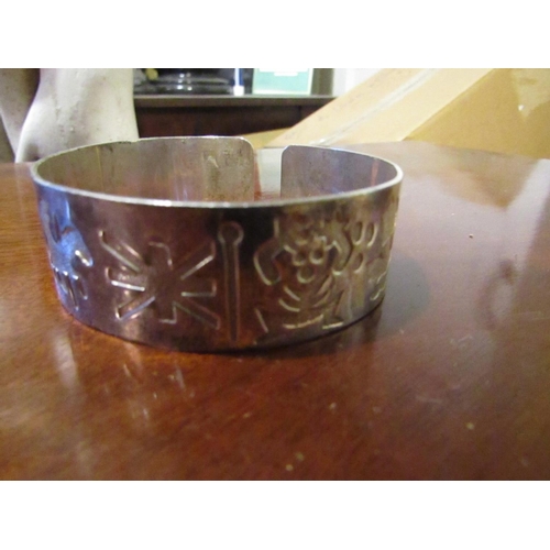 818 - Irish Solid Silver Ladies Cuff Bangle with Various Motifs to Frieze