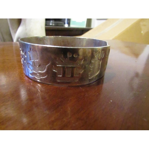 818 - Irish Solid Silver Ladies Cuff Bangle with Various Motifs to Frieze