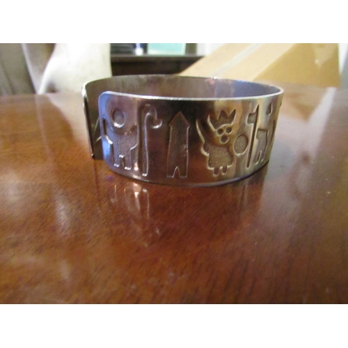 818 - Irish Solid Silver Ladies Cuff Bangle with Various Motifs to Frieze