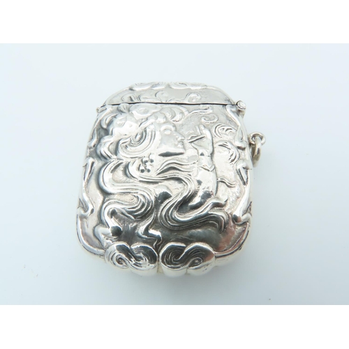 837 - Solid Silver Vesta Case Embossed Decoration Hinged Cover and Striker Decorated with Side Profile Lad... 